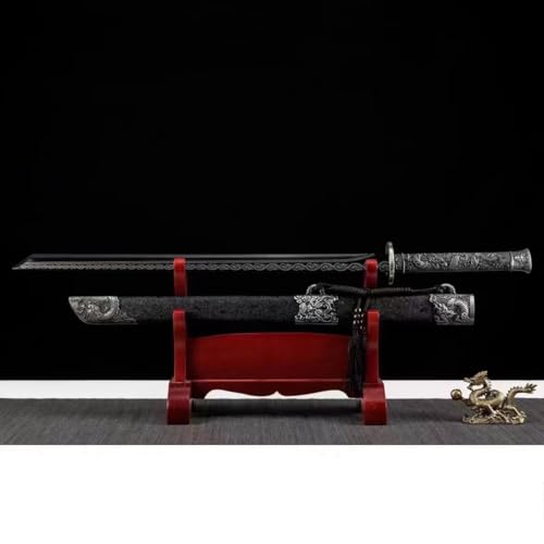 Handcrafted High Manganese Steel Katana, Unsharpened Full Tang Dragon King Sword, Red Blade, Black Handle, Martial Arts Training Display Replica
