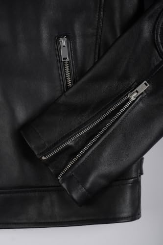 Real Lambskin Cafe Racer Leather Jacket Men Biker Style Stripes Sleeves - color: Black, size: X-Small