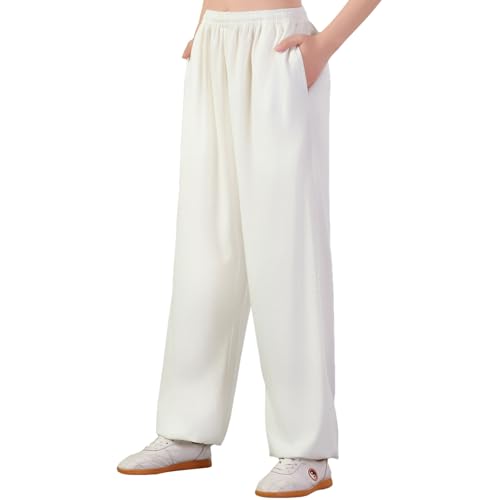 ZooBoo Men's Cotton Linen Kung Fu Pants Elastic Waist Tai Chi Trousers - color: White, size: Large