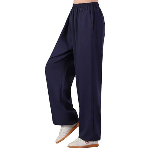ZooBoo Men's Cotton Linen Kung Fu Pants Elastic Waist Tai Chi Trousers - color: Navy, size: Small