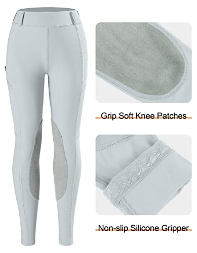 SANTINY Girls Horse Riding Pants with Zipper Pockets Kids Stretchy Equestrian Breeches Knee-Patch Youth Schooling Tights - color: Light Grey, size: Medium
