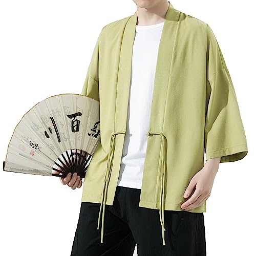 Mens Kimono Cardigan Cotton Linen Japanese Shirt 3/4 Sleeve Haori Yukata - color: 36-green, size: X-Large