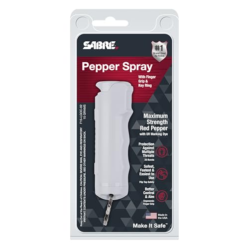 SABRE Pepper Spray with Fast Flip-Top Safety & Snap‑Clip Keychain for Self Defense - Maximum Police Strength OC with UV Marking Dye, 10‑Sec. Spray, 14-ft Range, Finger Grip, Made in USA, 0.54 fl oz - color: Light Gray, 1-Pack