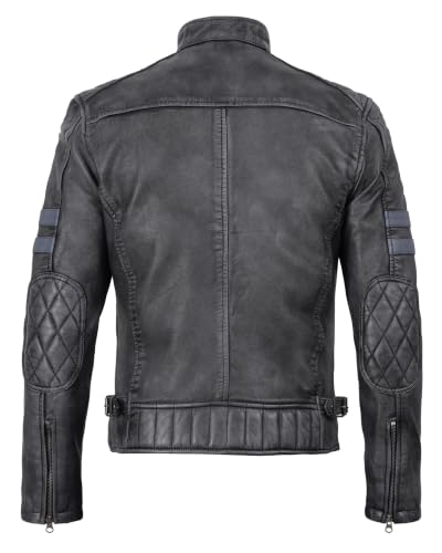 Real Lambskin Cafe Racer Leather Jacket Men Biker Style Stripes Sleeves - color: Black Wash, size: XX-Large