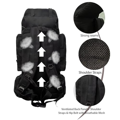 Tactical 80L Hiking Backpack with Dedicated Shoe Compartment - Large Capacity Rucksack for Camping Backpacking Men Women - Outdoor Trekking Travel Pack (Black)