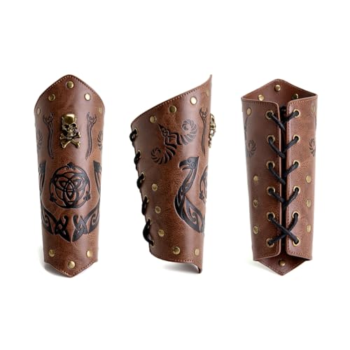 Leather Bracers for Men - Viking Embossed Medieval Arm Archery Guard Gauntlet Costumes - color: Hbr057-skull Brown
