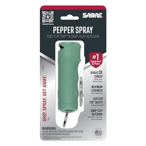 SABRE Pepper Spray with Fast Flip-Top Safety & Snap‑Clip Keychain for Self Defense - Maximum Police Strength OC with UV Marking Dye, 10‑Sec. Spray, 14-ft Range, Finger Grip, Made in USA, 0.54 fl oz - color: Sage Green (Pack of 2)