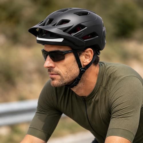 Bike Helmet, Helmets for Adults Men, Front and Back LED Lights Safe Certified MTB Road Bicycle Helmet with Adjustable Brim - color: Black, size: M (55-58cm)