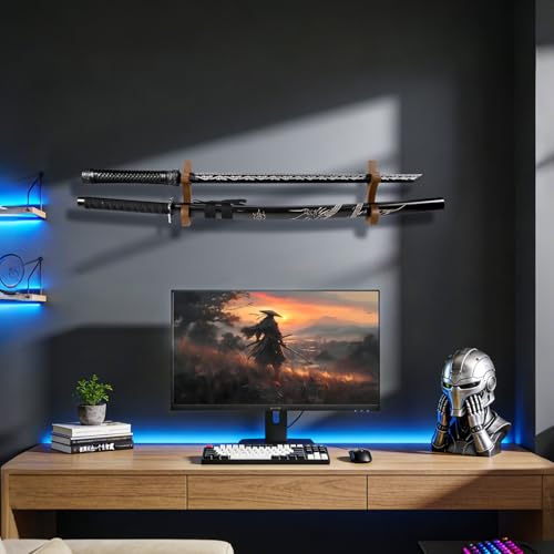 Sword Wall Mount Hook Walnut Wood Katana Display Holder Stand Rack, Brown