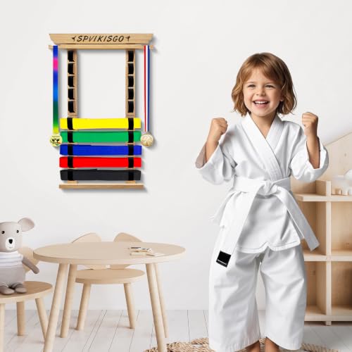 10 Belts Karate Belt Display Rack, Taekwondo Belt Display Stand with Sticker and Medal Hook, No Assembly Required for Jiu-Jitsu Belt, BJJ Belt, Martial Arts Belt Displays