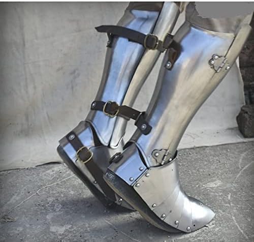 Medieval Combat Steel Greaves with Sabaton, Silver, 18 Gauge Steel and Leather Construction, 18 Inch Length, Knee Protection, LARP Battle Armor