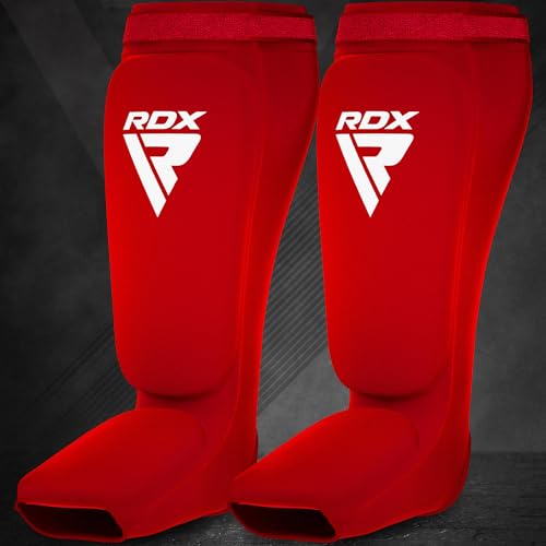 RDX Shin Guards Kickboxing Muay Thai, SATRA Approved, MMA Leg Instep Protection Pads, Sparring Training Martial Arts Boxing, Elasticated Padded Protector, Karate BJJ Taekwondo Gear, Men Women - color: Red White, size: Medium