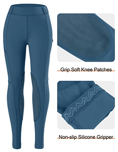 SANTINY Girls Horse Riding Pants with Zipper Pockets Kids Stretchy Equestrian Breeches Knee-Patch Youth Schooling Tights - color: Deep Blue, size: Medium