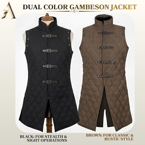 AnNafi Gambeson Coat Aketon Jacket Armor, Costumes Dress SCA Medieval Thick Padded Full Length - color: Black, size: Medium