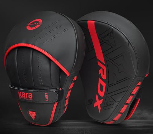 RDX Boxing Pads Curved Focus Mitts, Maya Hide Leather Kara Hook and jab Training Pads, Adjustable Strap Ventilated, MMA Muay Thai Kickboxing Coaching Martial Arts Punching Hand Target Strike Shield - color: Red