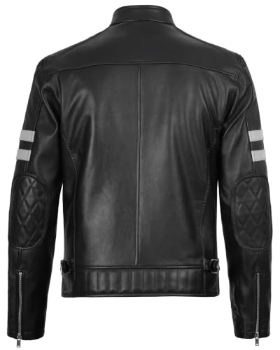 Real Lambskin Cafe Racer Leather Jacket Men Biker Style Stripes Sleeves - color: Black W, size: Small