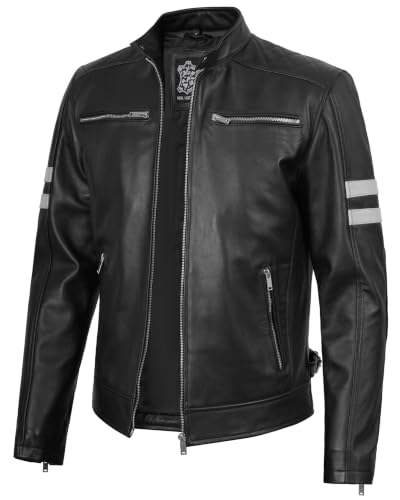 Real Lambskin Cafe Racer Leather Jacket Men Biker Style Stripes Sleeves - color: Black W, size: Small