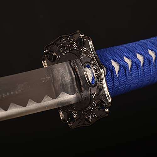 FullTang Iaido Samurai Sword 3-Piece Set, Japanese Samurai Swords with Display Stand, Engraved Scabbard, 1045 Medium Carbon Steel, Available in Blue, Black, Bamboo Leaf - color: Blue