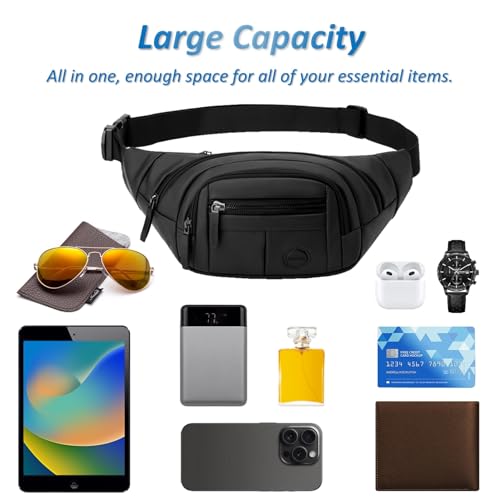 Large Fanny Pack for Men and Women, Crossbody Waist Bag with 4 Zipper Pockets Easy Carry Any Phone, Fashion Waist Pack with Adjustable Strap for Travelling, Hiking, Cycling, Running - Black - color: Black