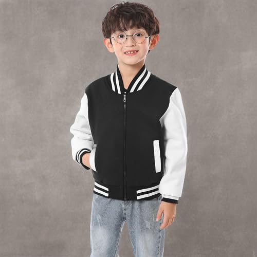 Kids Varsity Jacket Girls Boys Baseball Jacket Zipper Bomber Coat School Uniform with Pocket - size: 10 Years
