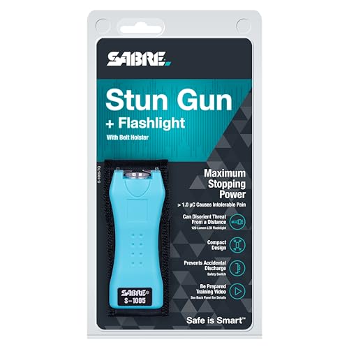 SABRE 2-in-1 Stun Gun and Flashlight and Belt Holster, Emits 1.60 Powerful Pain Inducing Microcoulombs (µC) Charge, 120 Lumen LED Flashlight, Rubberized Grip, Compact Design, Rechargeable - color: Turquoise