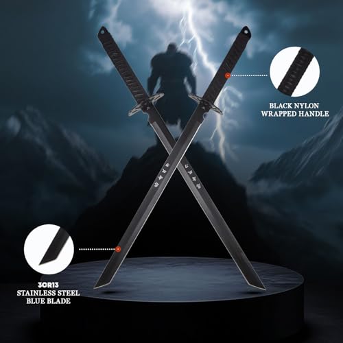 Twin Ninja Sword Set with Black Nylon Wrapped Handle, 28 Inch Overall, 18.25 Inch Stainless Steel Blade, Includes Shoulder Strap - HK-6183 Series - color: Black