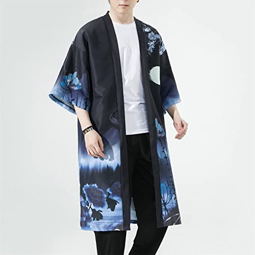 Seidarise Men's Haori, Long Kimono Cardigan Jacket Japanese Style Flying Crane Seven Sleeves Open Front Coat - color: C-207, size: X-Large