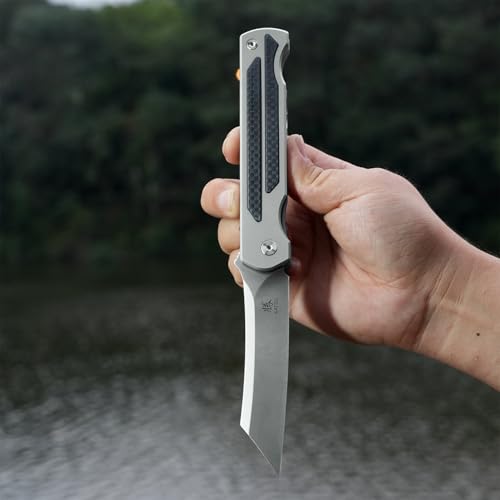 KATSU S35VN Steel Blade Folding Knife,Titanium Pocket Knife for Men Carbon Fiber Handle,Frame Lock Japanese Style Front Flipper EDC Knife with Clip Stonewash Leather Sheath - color: silver