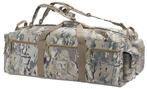 Large Military Duffle Bag Tactical Gear Load Out Bag Deployment Cargo Bag Travel Sports Equipment Duffel Luggage Bag with Backpack Straps 90L - color: AT CAMO