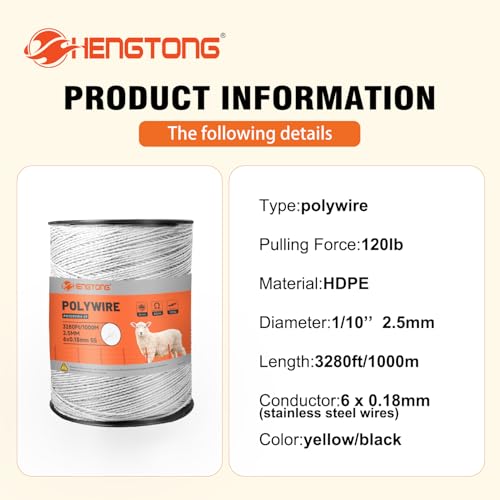 Electric Fence Polywire 3280ft (1000m), 6-Strand Stainless Steel Conductors, Rust & UV Resistant, Portable Electric Fencing, Durable & Reliable Conductivity, White - size: 3280ft