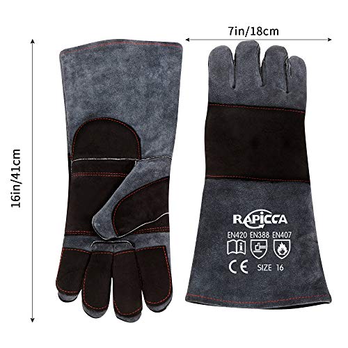 RAPICCA Animal Handling Gloves Bite Proof Double Leather Reinforced Padding Dog,Cat Scratch,Bird Handling Falconry Gloves Grabbing Reptile Squirrel Snake Bite 16in Grey-Black (Pack of 2) - size: 2 Count (Pack of 2), style: 16 Inches