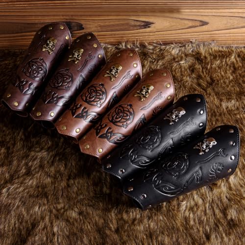 Leather Bracers for Men - Viking Embossed Medieval Arm Archery Guard Gauntlet Costumes - color: Hbr057-skull Black