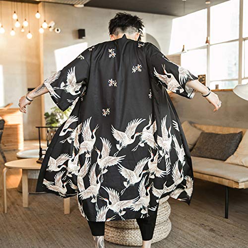 Seidarise Men's Haori, Long Kimono Cardigan Jacket Japanese Style Flying Crane Seven Sleeves Open Front Coat - color: Black, size: XX-Large
