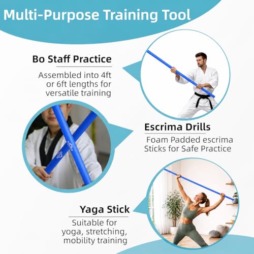 Collapsible Foam Padded Bo Staff 4ft / 6ft – Portable Martial Arts Training Staff for Safe Practice, Lightweight Detachable Design with Carry Bage - color: blue