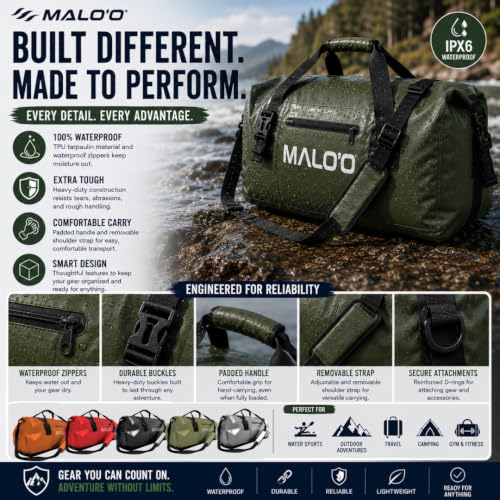 Malo’o Waterproof Dry Duffel, Heavy-Duty Roll Top Waterproof Gear Bag with Shoulder Strap & Molle Loops, Marine Duffel for Kayaking, Boating, Camping, Beach & Travel, Red, 100L - color: Red, size: 100L