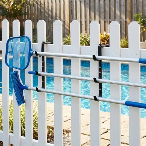 2 Pcs Black Pool Fence Hooks for Pool Equipment, Adjustable Pool Pole Hanger Holder, Rustproof Swimming Pools Skimmer Pole Hooks for Hanging Tool, Hose, Leaf Rakes, Nets Pool-Accessories (Black) - color: Black-3Hooks