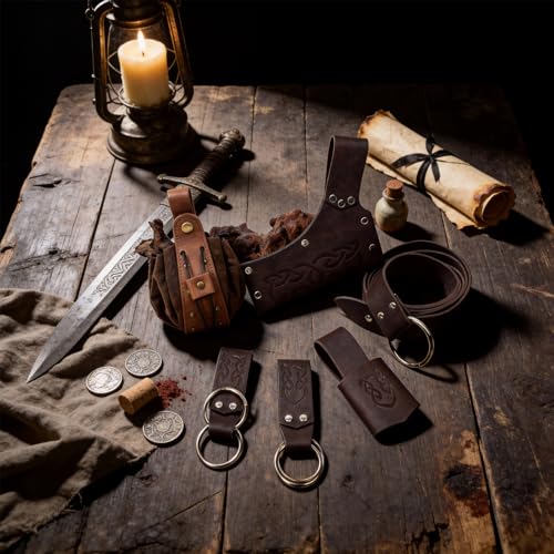 SUMGOGO Medieval Back Sword Frog Holder Arm Bracer Belt and Belt Pouch Hook Viking Warrior Costume Renaissance Accessory Prop - color: Brown