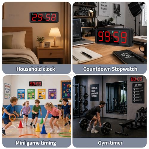 2.1 Inch LED Gym Clock, Portable Gym Timer, Fitness Timer with Stopwatch, Multi-Mode Countdown Timer with Calendar, 12/24H Clock & Alarm, for Workout, Training, Home and Daily Use