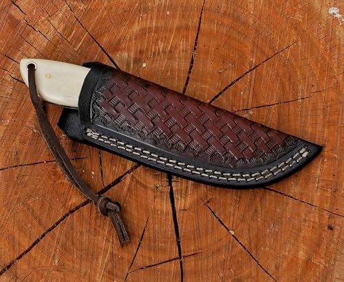 Break Edge Handcrafted Cowboy Hunting Knife with Leather Sheath Premium Handle Best Gift for Boy Friend and Father Day. (White) - color: White