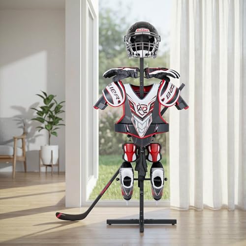 Hockey Gear Drying Rack, Metal Sports Equipment Dryer Stand for Adults & Youth, Hockey Equipment Drying Rack for Gloves, Skates & Helmets, Includes 4 Hanging Clips