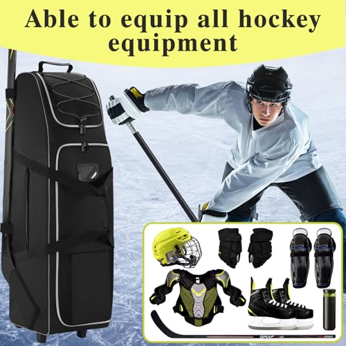 41-Inch Hockey Bag with Wheels, Large Ice Hockey Duffel Travel Bag for Equipment & Gear, 2 Sticks Field Hockey Bag with Separate Shoe Compartment (Black)