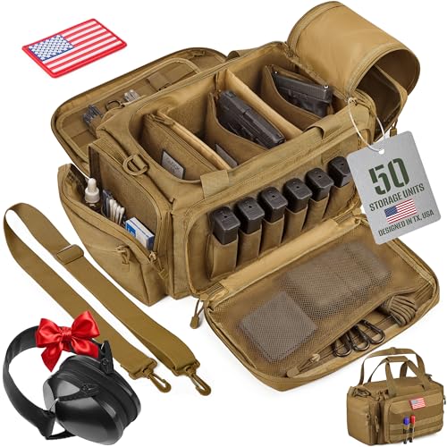 Gun Range Bag with 3 Pistol Cases, Removable MOLLE Organizer, Total 50 Storage Units, 27dB Shooting Earmuffs, Shoulder Strap, USA Flag Patch & Writable ID Patches, Khaki Brown Tactical Bag