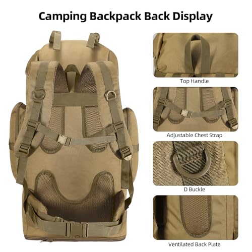 70L/100L Camping Hiking Backpack with Rain Cover, Expandable Large Military Tactical Backpack, Waterproof Molle Rucksack Travel Backpacking Daypack for Climbing Trekking (Khaki) - color: Khaki