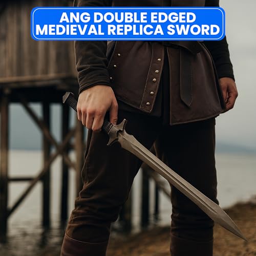 SZCO 37” Dark Xiphos Sword – Full Tang Double Edged Medieval Replica Sword with Leather Sheath, Manganese Steel Blade, Leather Wrapped Handle – LARP, Cosplay, Renaissance, Display & Training