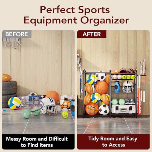 Homsorout Garage Sports Equipment Organizer, Ball Storage for Gear and Toys, Large Capacity, Sports Organizer for Garage with Hooks and Baskets