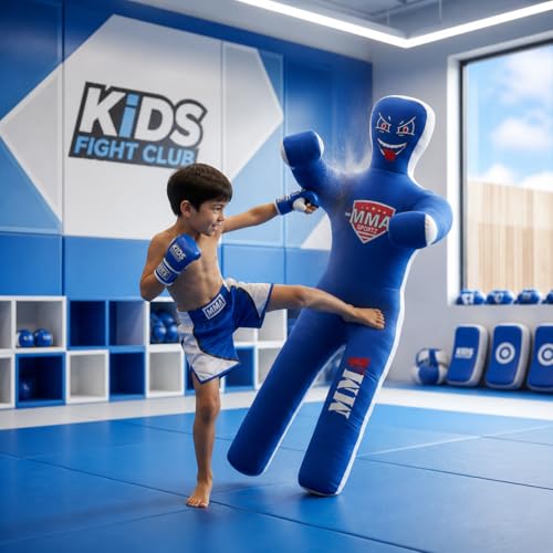 Kids Grappling Standing Dummy - Unfilled – Wrestling, Jiu-Jitsu, MMA Training Dummy with Moveable Arms and Legs – Durable Polyester Fabric - color: Blue-Stand, size: 3 ft-36 Inch