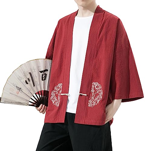 Mens Kimono Cardigan Cotton Linen Japanese Shirt 3/4 Sleeve Haori Yukata - color: 31-red, size: XX-Large