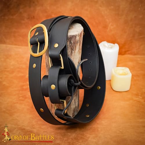 Lord of Battles Medieval Double Wrap Sword Belt | 3 mm Thick Genuine Leather | Brass Buckle Knight Accessory for LARP - size: Large