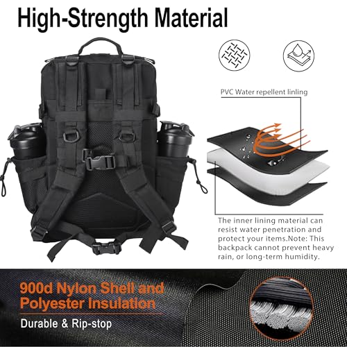 LHI Tactical Military Backpack for Men 25L/45L Large Molle Army Assault Pack 3 Day Hiking Rucksack With Bottle Holder - color: Black, size: 45L