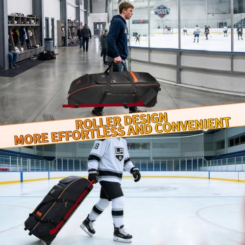 Hockey Bag with Wheels,Rolling Ice Hockey Duffel Travel Bag with Separate Breathable Shoe Compartment,2 Sticks Field Hockey Bag with Scratch-Resistant and Waterproof Bottom,Suitable for Teenagers